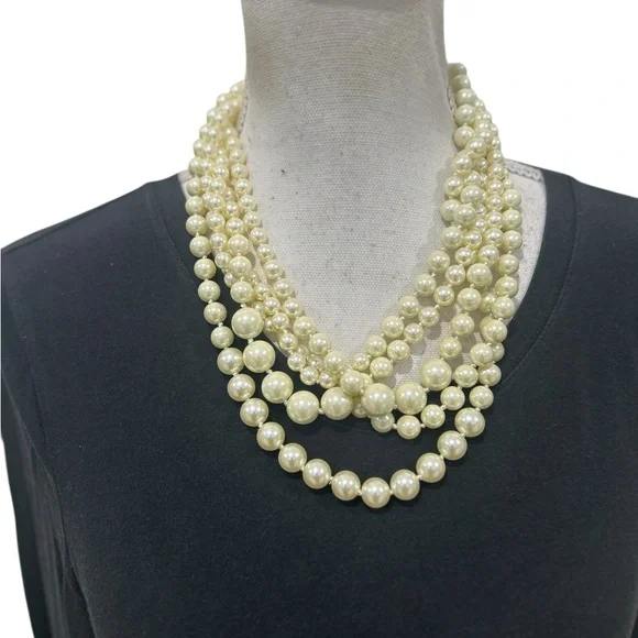 J. Crew Classic Cream Beaded faux pearl layered 5 multi strand Necklace marked - Picture 5 of 11